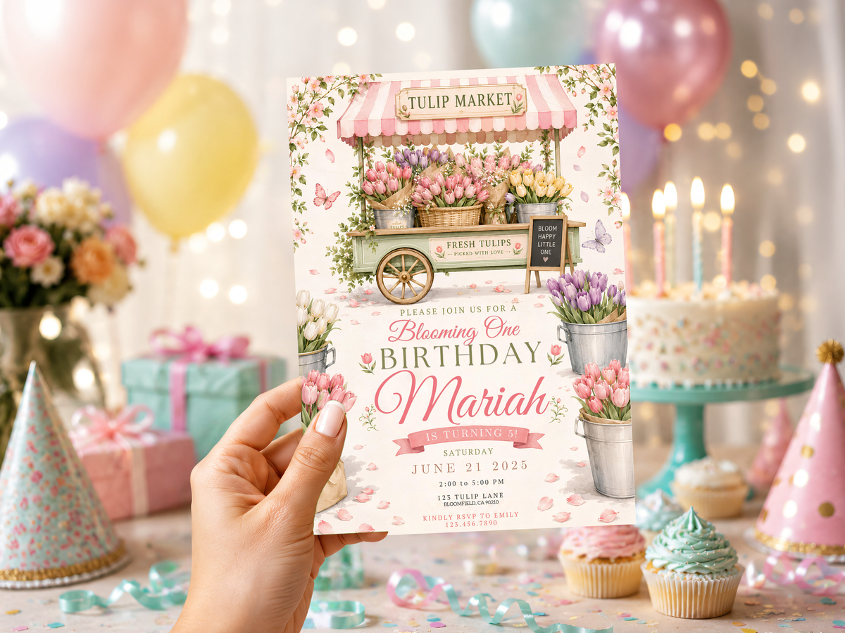 Tulip birthday invitation template preview featuring pink, purple, white, and yellow tulips with soft watercolor floral details and a refined garden-party look.