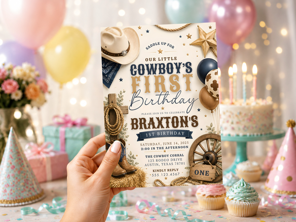 Editable western birthday invitation artwork with rustic cowboy styling, cream paper tones, brown accents and western typography.
