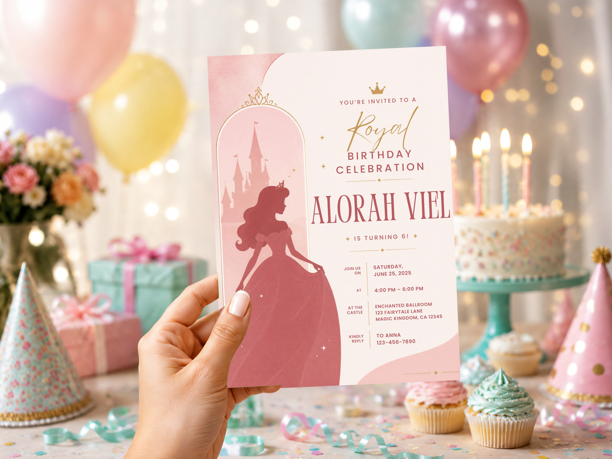 Editable royal princess birthday invite featuring a blush pink fairytale palette, graceful princess silhouette, castle, crown, and refined birthday details.