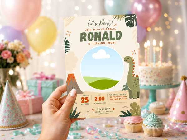 Editable dinosaur birthday invitation design featuring a green dinosaur, cream background, jungle leaves, and playful prehistoric party details.