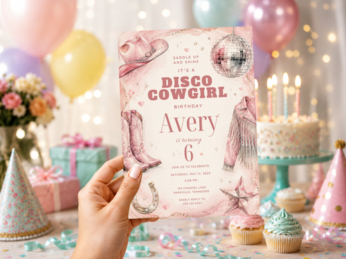 Disco cowgirl birthday invitation template featuring pink western typography, cowboy boots and sparkling disco details for a kids birthday party