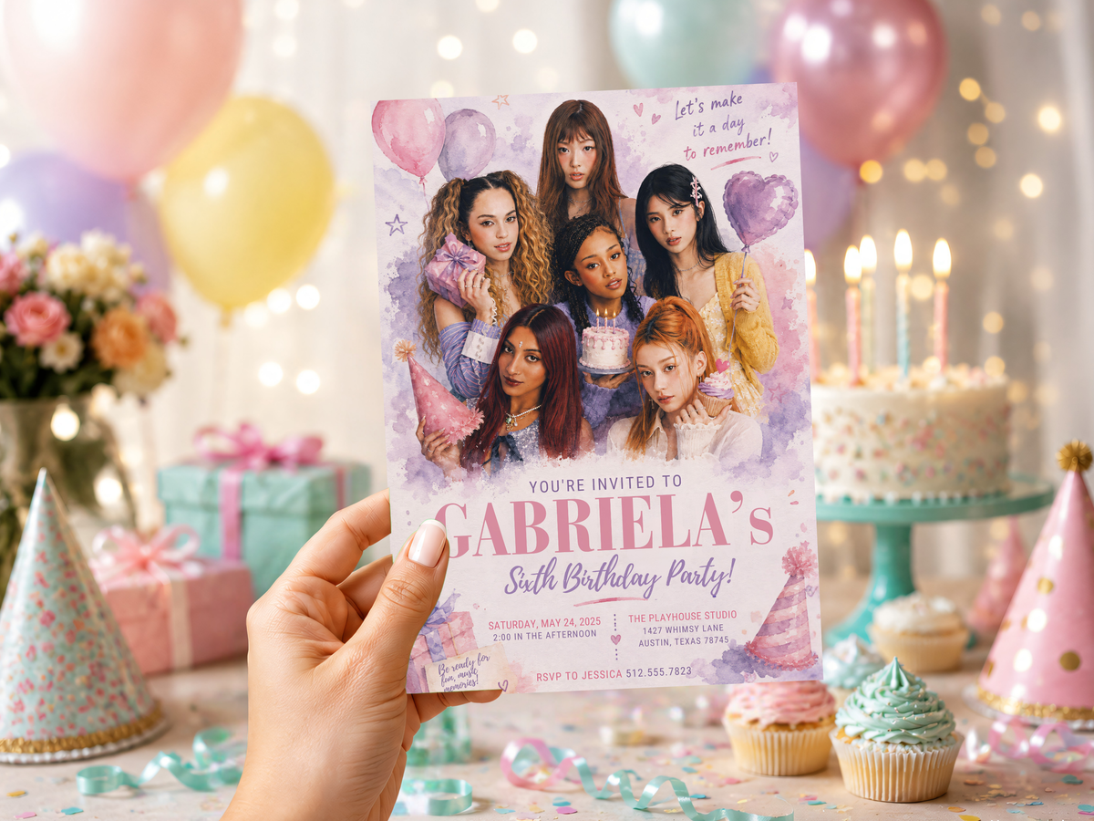 K-pop girl group birthday invitation template in pastel pink and lavender with six female performers, balloons, hearts, confetti, gifts, and elegant birthday typography — gallery image 2.