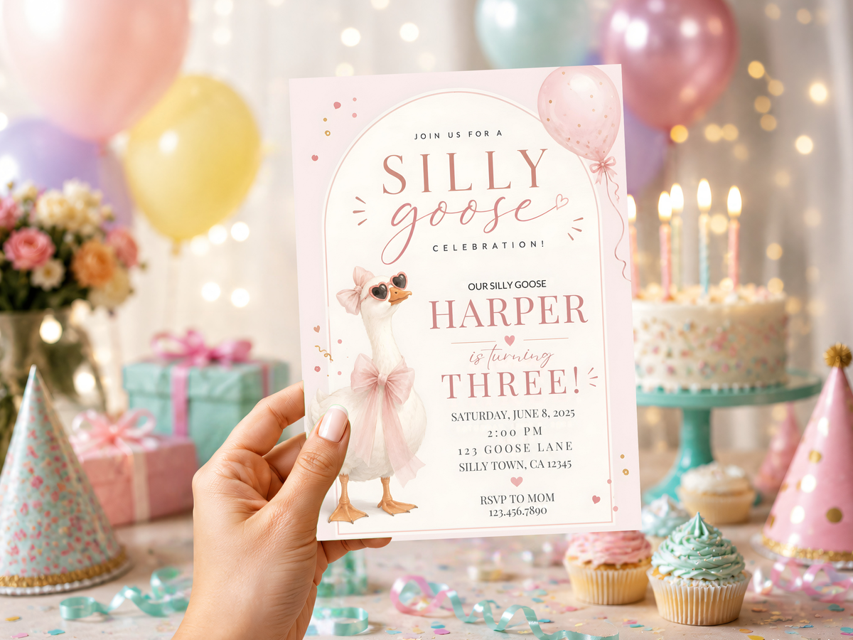 Silly Goose birthday invitation template — alternate product view 2 featuring the pastel goose-themed digital birthday invitation design.