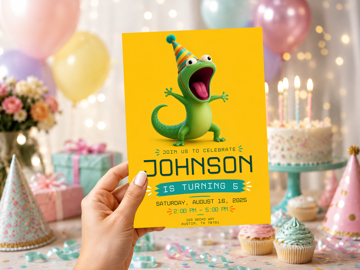Colorful Hoppers Tom Lizard digital birthday invitation with playful green lizard artwork, party accents, and bold yellow design.