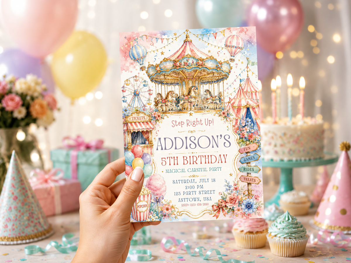Carnival carousel birthday invitation template product image with pastel watercolor fairground artwork and editable party design