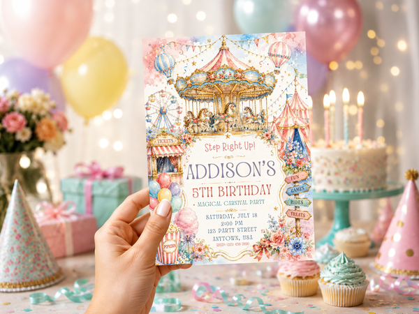 Carnival carousel birthday invitation template product image with pastel watercolor fairground artwork and editable party design
