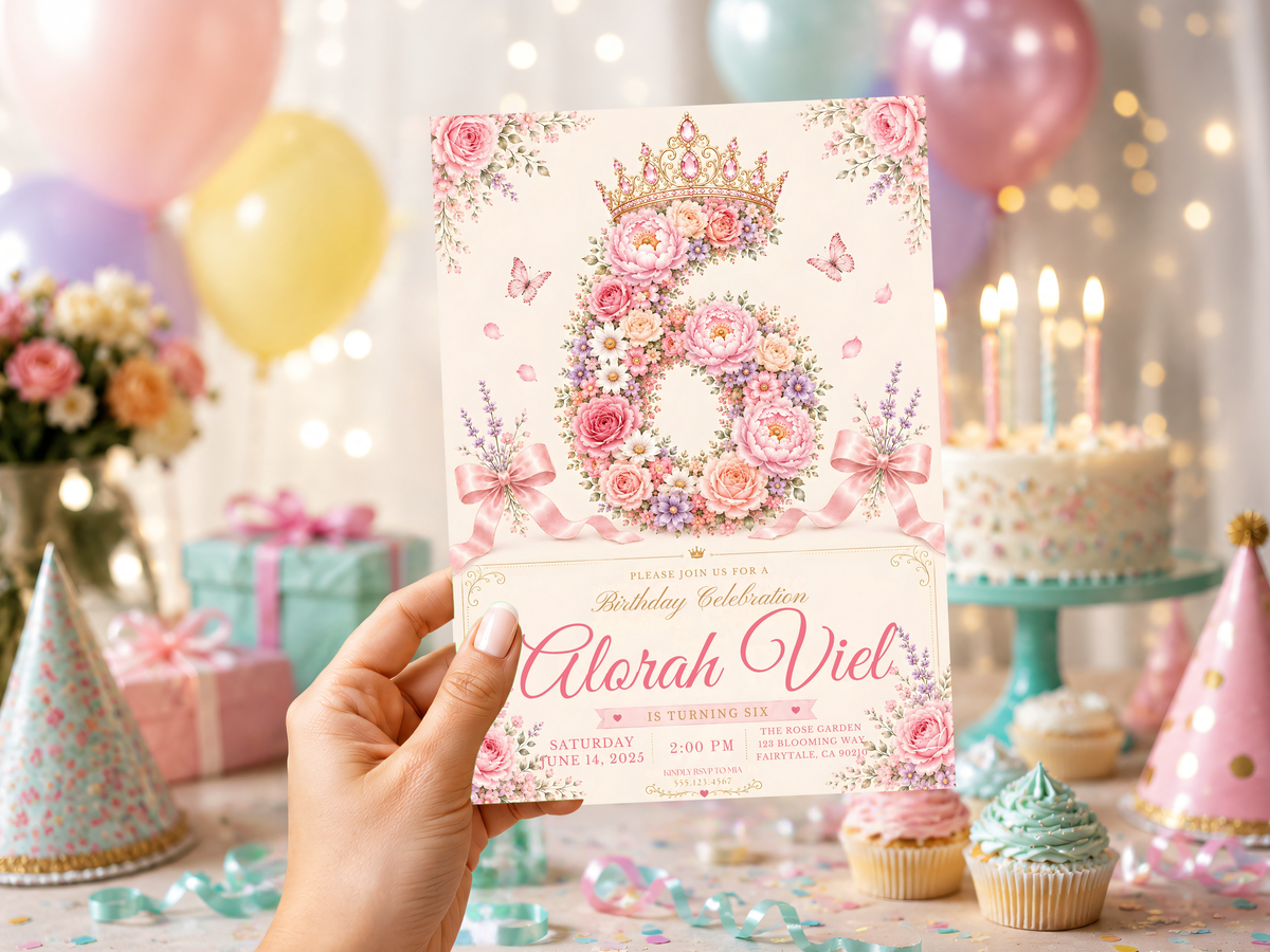 Floral princess birthday invitation design highlighting the large flower-filled number surrounded by pink roses, white daisies, lavender blooms, butterflies, and pastel floral details.