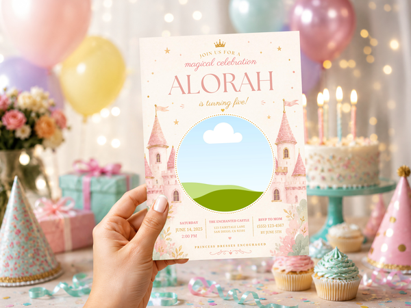 Princess castle birthday invitation template featuring a soft pastel fairytale castle, crown details, stars, and elegant birthday wording