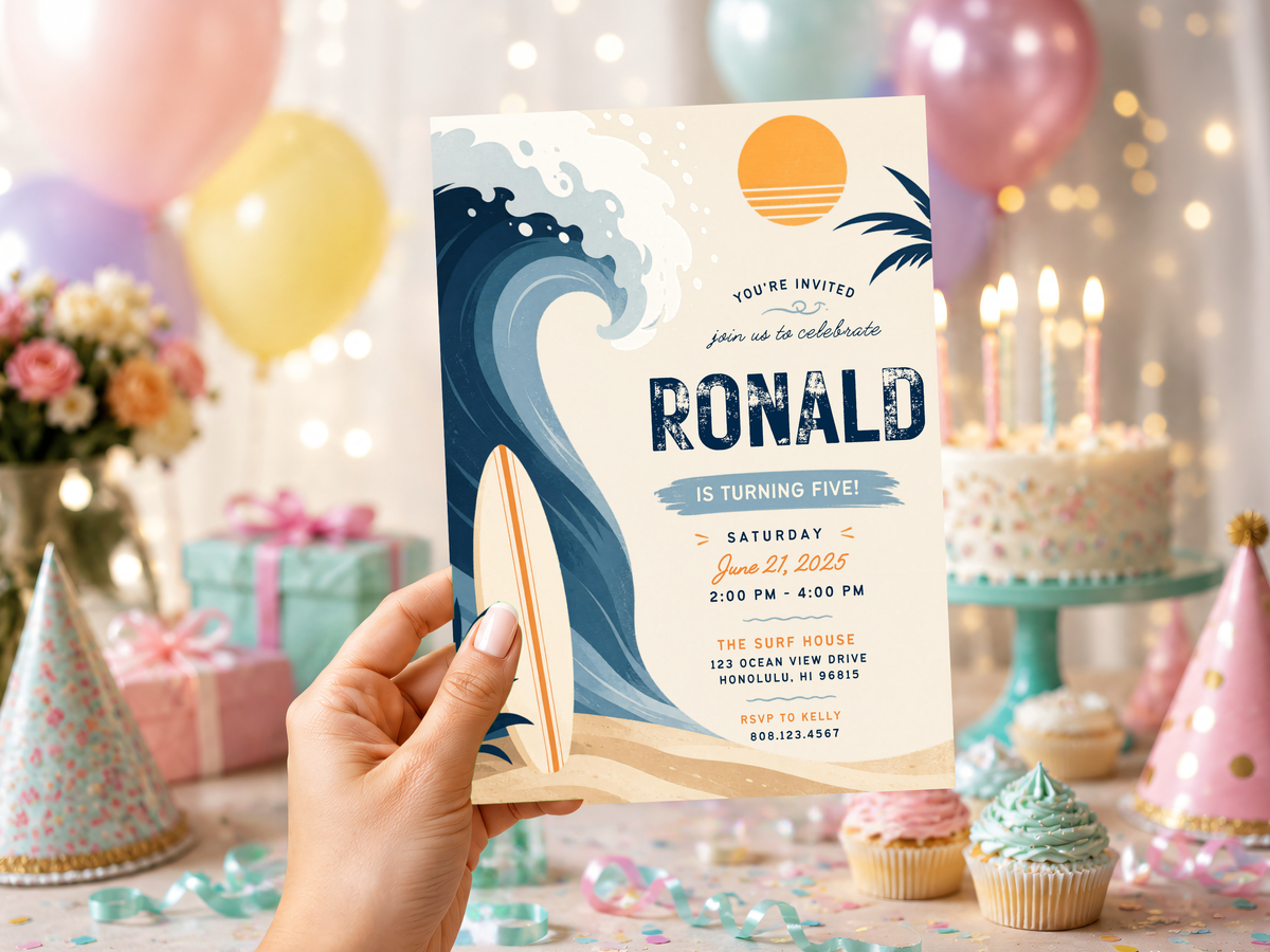 Editable surf birthday invitation artwork featuring ocean waves, surfboard imagery, warm orange sunset tones and sandy beach details.