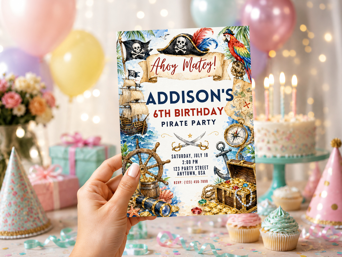 Editable pirate birthday invitation featuring vintage watercolor-style parchment, a pirate ship, skull flags, parrots, treasure chest, gold coins and classic birthday typography.