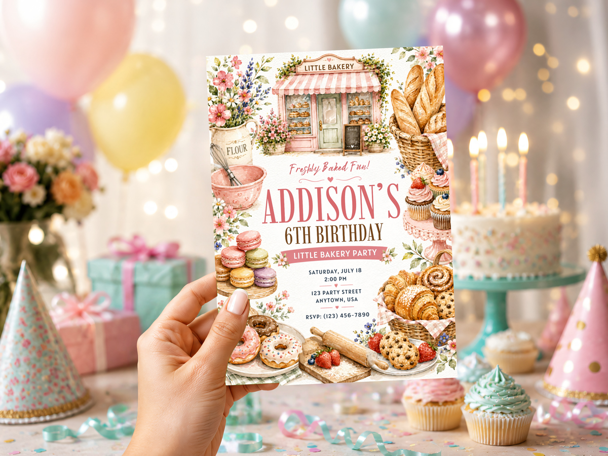 Watercolor little bakery birthday invitation featuring a striped bakery awning, floral details and sweet pastry illustrations in soft pastel tones.