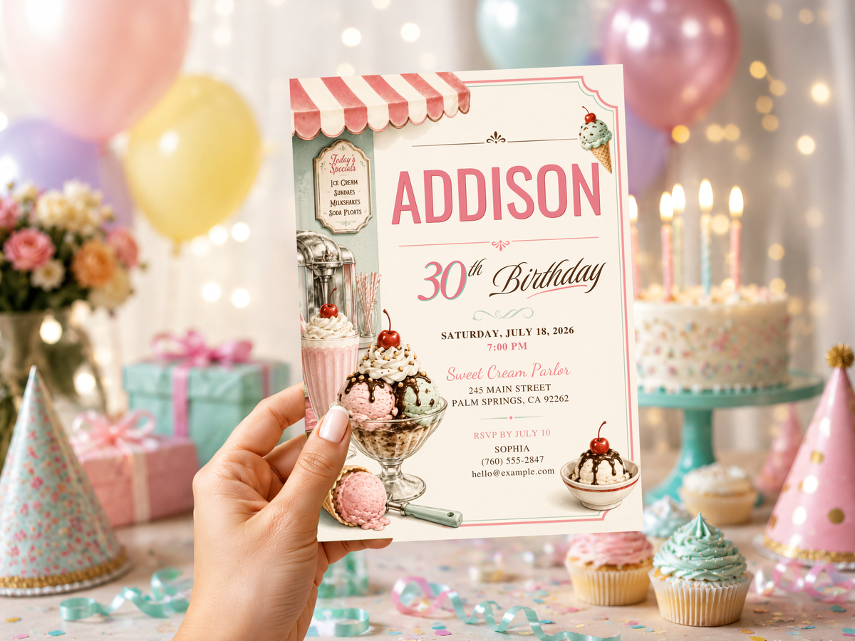 Retro ice cream birthday invitation featuring sundae glasses, scoops, cherries, and pastel dessert-shop details.
