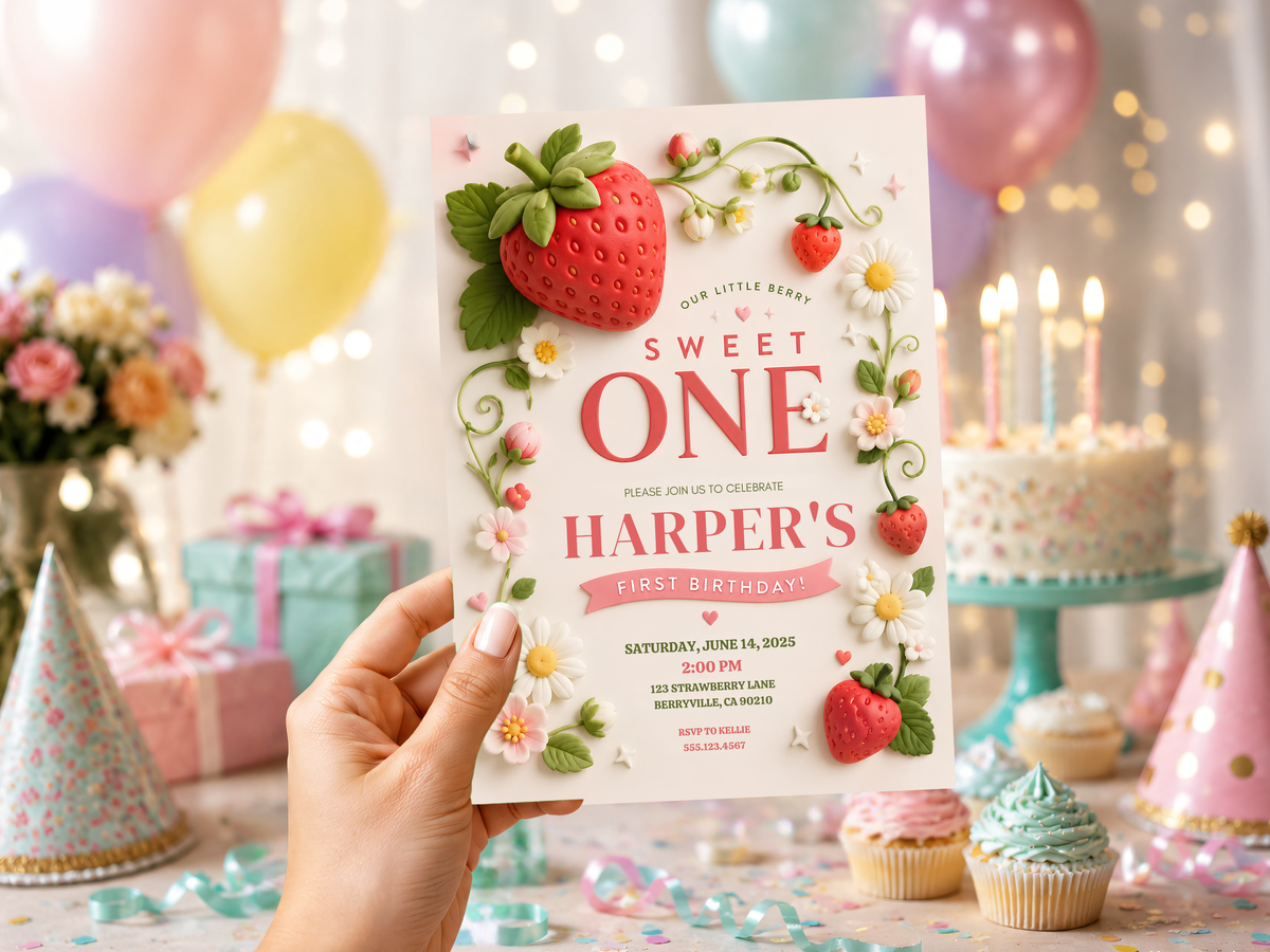 Editable strawberry birthday invitation with hand-painted strawberries, green leafy accents, delicate daisies, pink blossoms, and soft cream typography for a sweet berry-themed celebration.