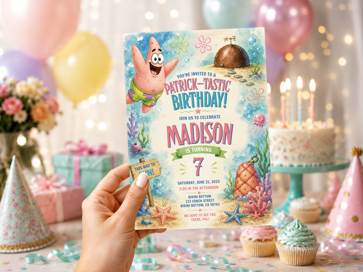 Patrick Star birthday invitation design with playful ocean-blue artwork, coral accents, sea plants, bubbles, starfish, and a pineapple house.