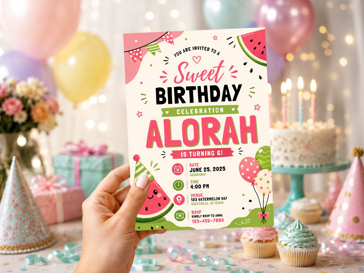 Editable watermelon birthday invite featuring colorful fruit graphics, party bunting, balloons, and cheerful kids birthday wording