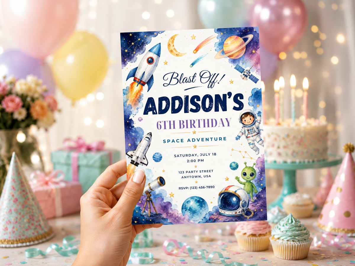 Alternate product view of a watercolor space rocket birthday invitation with deep blue, purple, white, and gold cosmic details
