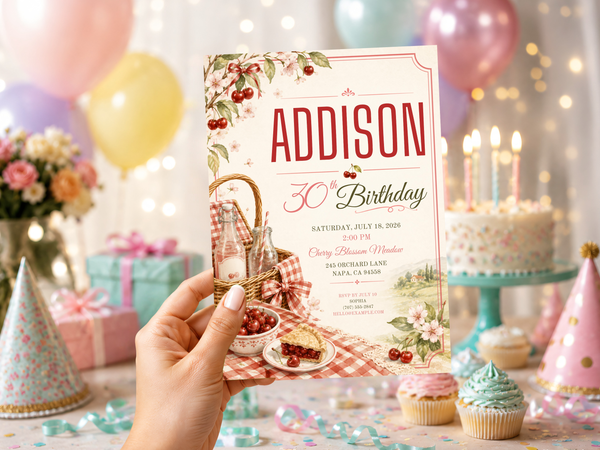 Cherry picnic birthday invitation featuring illustrated cherries, leafy branches, flowers, and warm red and cream tones.