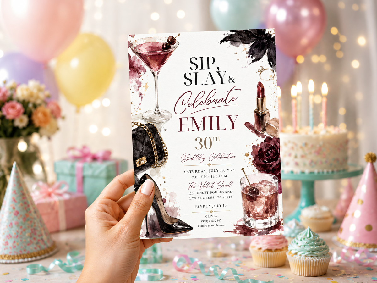 Glam cocktail birthday invitation featuring elegant editorial typography, cocktail glasses, burgundy floral accents and a refined blush, black, white and gold color palette for an adult birthday celebration.