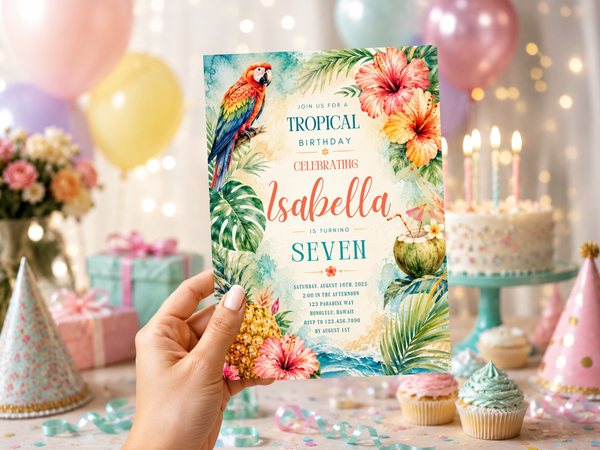 Tropical birthday invitation design featuring a colorful watercolor parrot, pink and orange hibiscus flowers, pineapple, coconut and layered palm leaves around a portrait invitation.