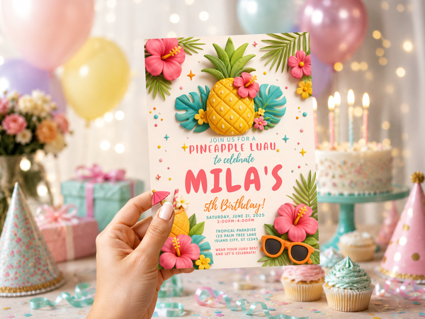 Portrait pineapple luau birthday invitation design with tropical foliage, hibiscus flowers and bright birthday typography