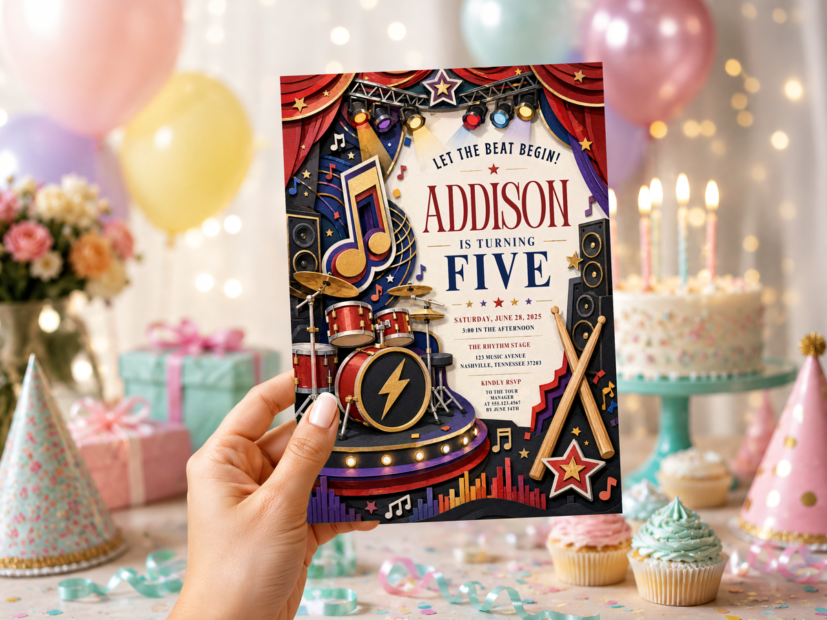 Rock star birthday invitation template featuring red stage curtains, navy and cream typography, electric guitar, drums, speakers and music notes.