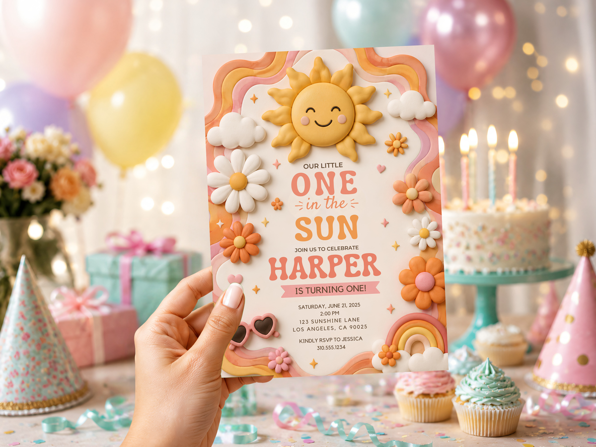 Full 5 x 7 portrait Sunshine birthday invitation with a cheerful smiling sun, peach and coral frame, pastel rainbows, clouds and flowers.