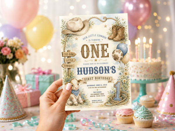 Rustic western birthday invitation design featuring a little cowboy theme, warm cream and tan tones, cowboy boots and blue balloon accents.