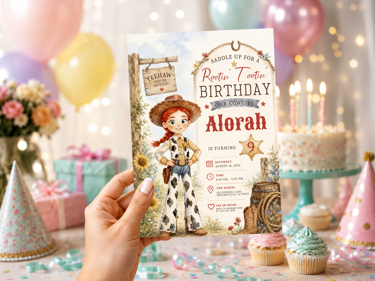 Jessie cowgirl birthday invitation design with warm cream, tan, brown and red tones, wood accents and western stars.