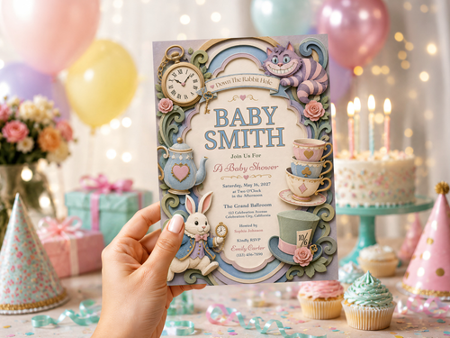 Alice in Wonderland baby shower invitation template featuring a whimsical rabbit hole and ornate vintage storybook frame.