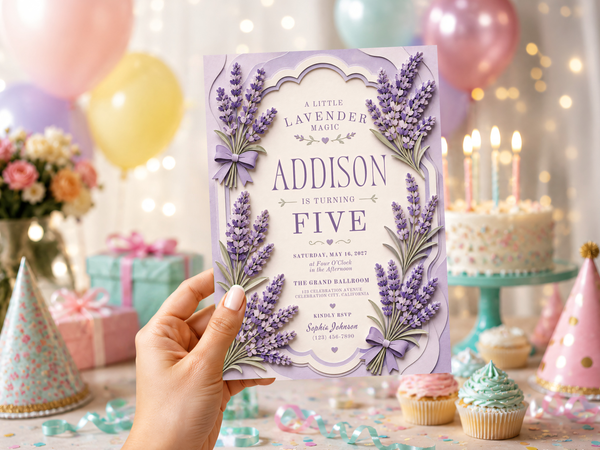 Lavender floral birthday invitation template shown in product image 14, featuring delicate lavender blooms, soft cream stationery, muted green foliage, and elegant birthday lettering.