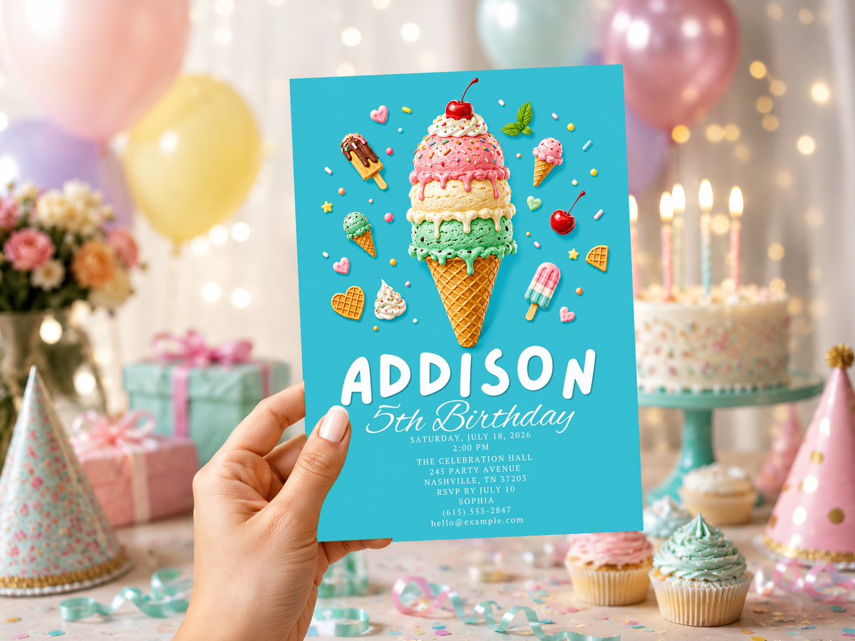Ice cream birthday invitation template shown in a digital display, featuring a turquoise card, colorful ice cream cone, sprinkles and birthday details.