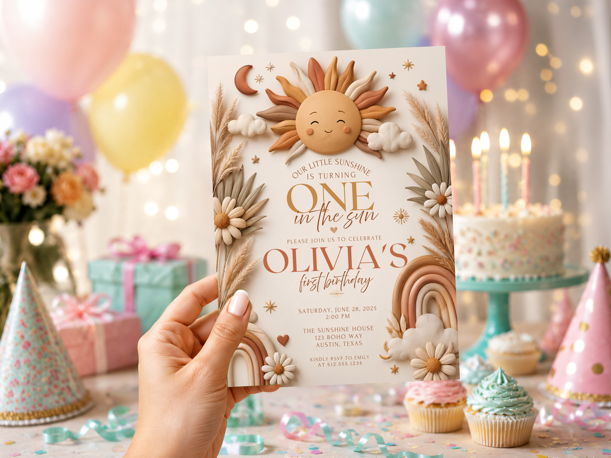 Boho rainbow birthday invitation front design featuring a cheerful sun illustration, layered rainbow arches, soft neutral colors and elegant birthday typography.