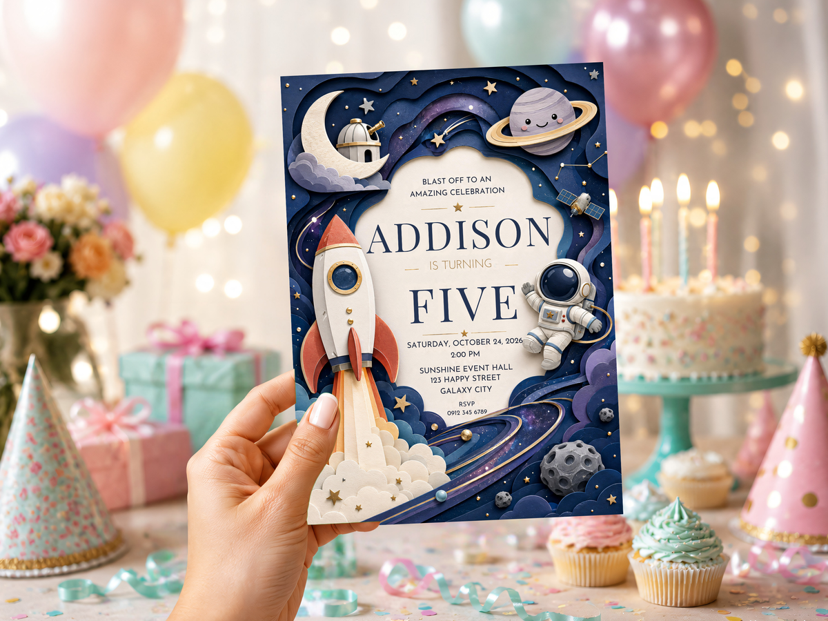 Outer space birthday invitation template with astronaut and rocket artwork, ringed planet and starry night-sky details.