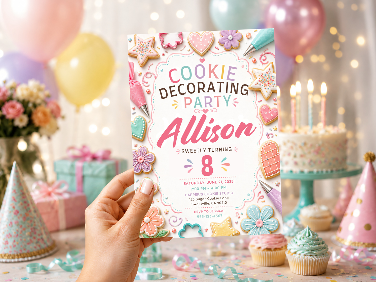 Cookie decorating birthday invitation template product image showing colorful iced cookies, sprinkles and pastel baking-party artwork.