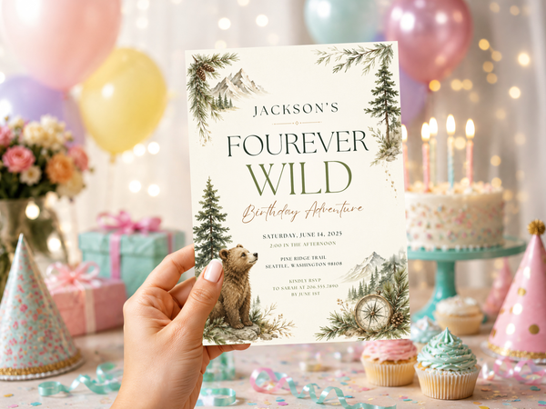 Woodland bear birthday invitation artwork featuring a brown bear, pine branches and soft cream and olive green tones