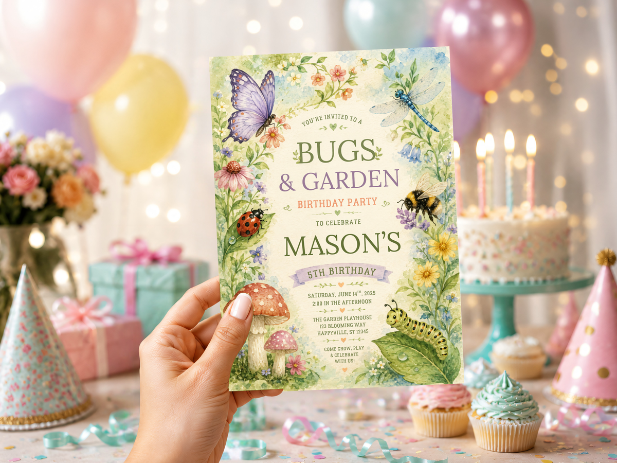 Bugs & Garden birthday invitation featuring a watercolor butterfly, floral garden border and soft botanical details