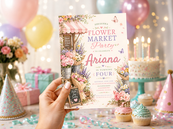 Close-up of the Flower Market invitation showing the floral border and hand-lettered script typography