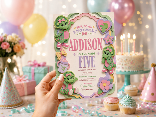Baby Bop birthday invitation template product image 2 with cheerful green dinosaur artwork, pastel colors, pink bows, flowers, stars, and playful birthday party details.