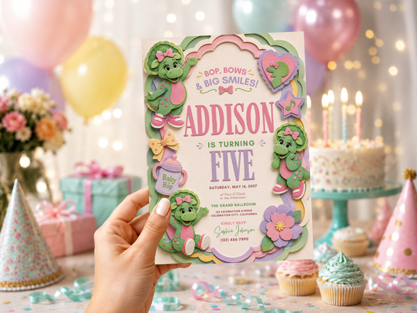 Baby Bop birthday invitation template product image 2 with cheerful green dinosaur artwork, pastel colors, pink bows, flowers, stars, and playful birthday party details.