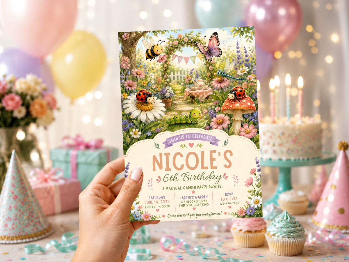 Floral garden birthday invitation artwork featuring a colorful flower-filled garden, butterfly and friendly bee.