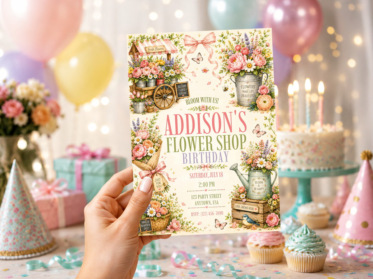 Floral birthday invitation template featuring a charming watercolor flower shop scene, soft pink and peach blooms, leafy greenery, garden accents and editable birthday wording.