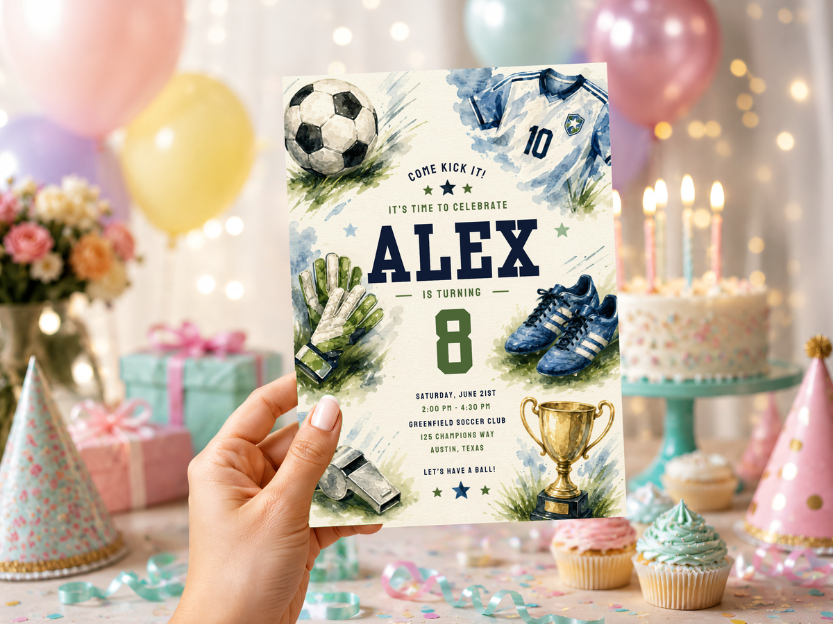 Watercolor soccer birthday invitation product image featuring a soccer ball, blue jersey, soccer cleats, goalkeeper gloves and trophy.