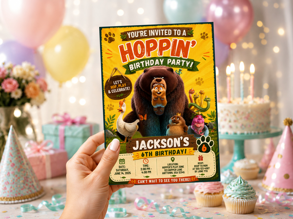Hoppers movie birthday invitation artwork with playful woodland animals, colorful illustrated details, and kid-friendly birthday party graphics.