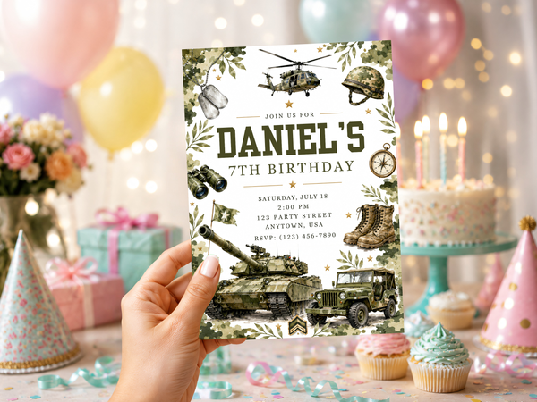 Vintage military birthday invitation artwork featuring olive green camouflage foliage, helicopter, helmet, dog tags, compass, and gold star accents