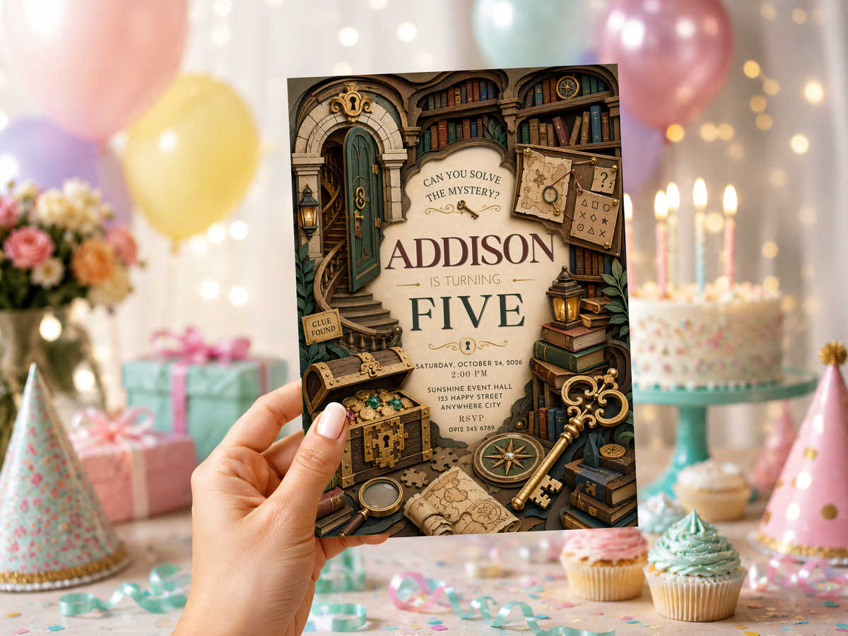 Editable mystery detective birthday invitation preview featuring vintage library architecture, parchment clues, antique keys, treasure-map details, and elegant serif birthday typography.