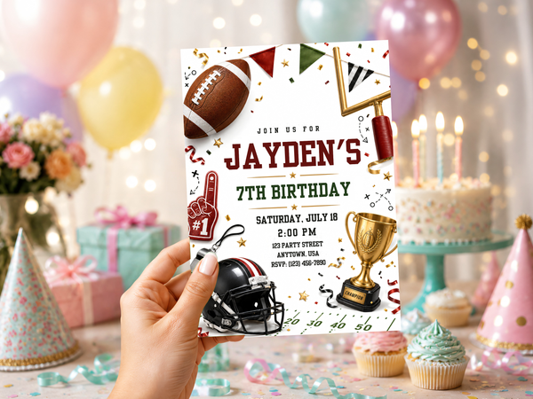 Editable football birthday invitation with red and green typography, football helmet, trophy, foam finger, whistle, and game-day party graphics