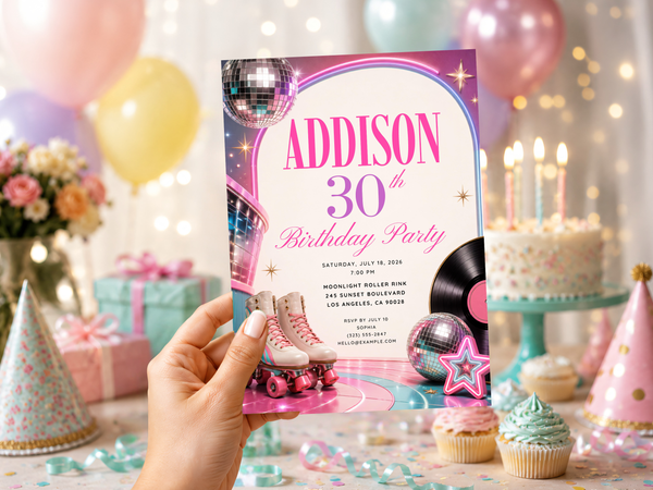 Retro roller skating birthday invitation featuring colorful disco balls, roller skates, pink typography, purple accents and a playful party layout.