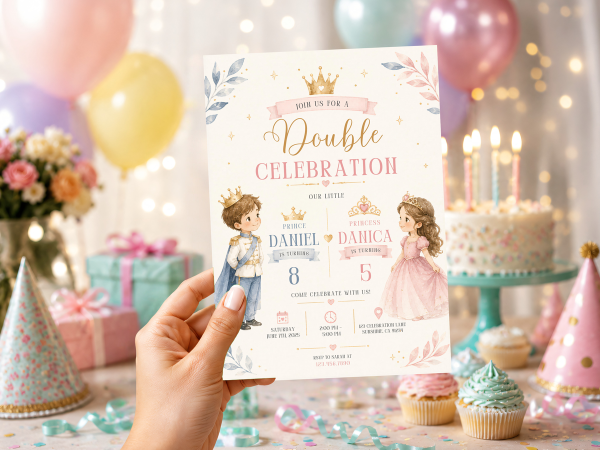 Royal prince and princess birthday invitation artwork showing the elegant watercolor figures, crown details, floral branches and pastel gold palette.