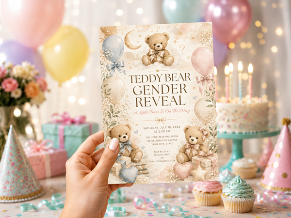 Teddy bear baby gender reveal invitation template featuring warm beige and cream tones with blush pink and blue-gray accents, balloons and elegant typography.