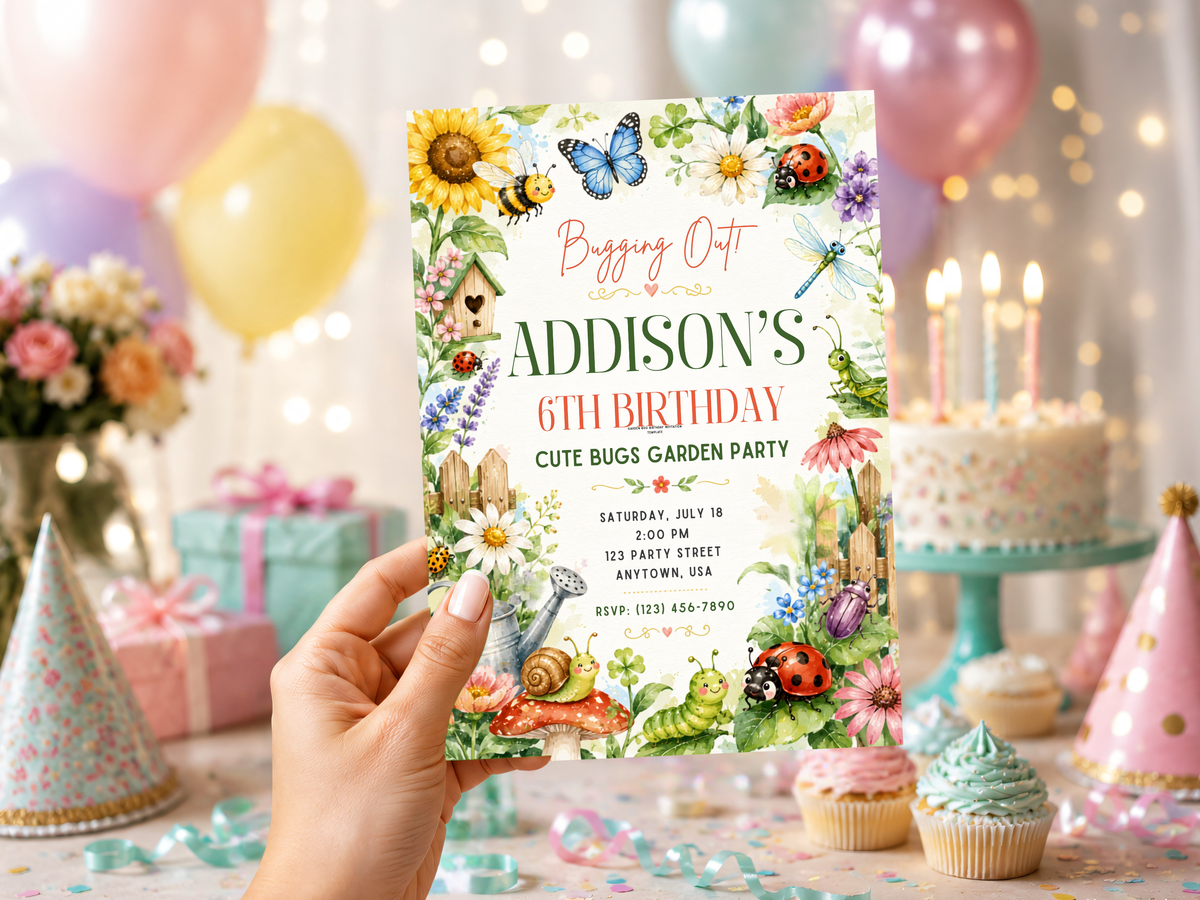 Garden bugs birthday invitation design with a blue butterfly, bee, ladybug, daisies and leafy watercolor greenery in a cheerful nature border.